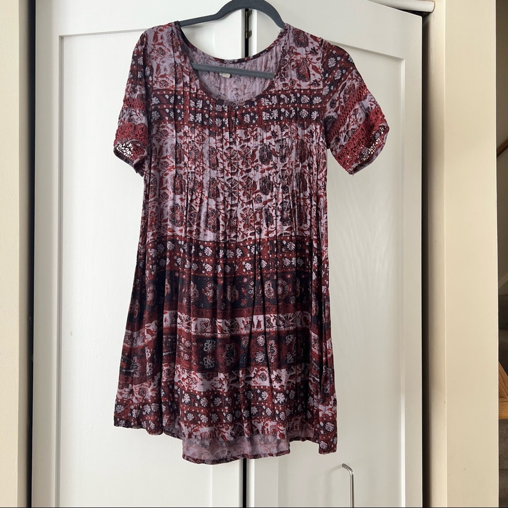 Urban Outfitters Pleated Bohemian Flowy Mini Dress in Purple & Brown
